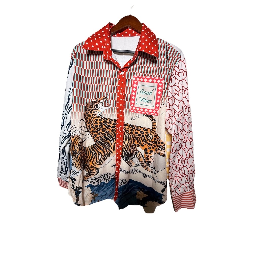 ME369 Isabel Oriental Shirt Large Tiger Leopard Mixed Print Button Up XL